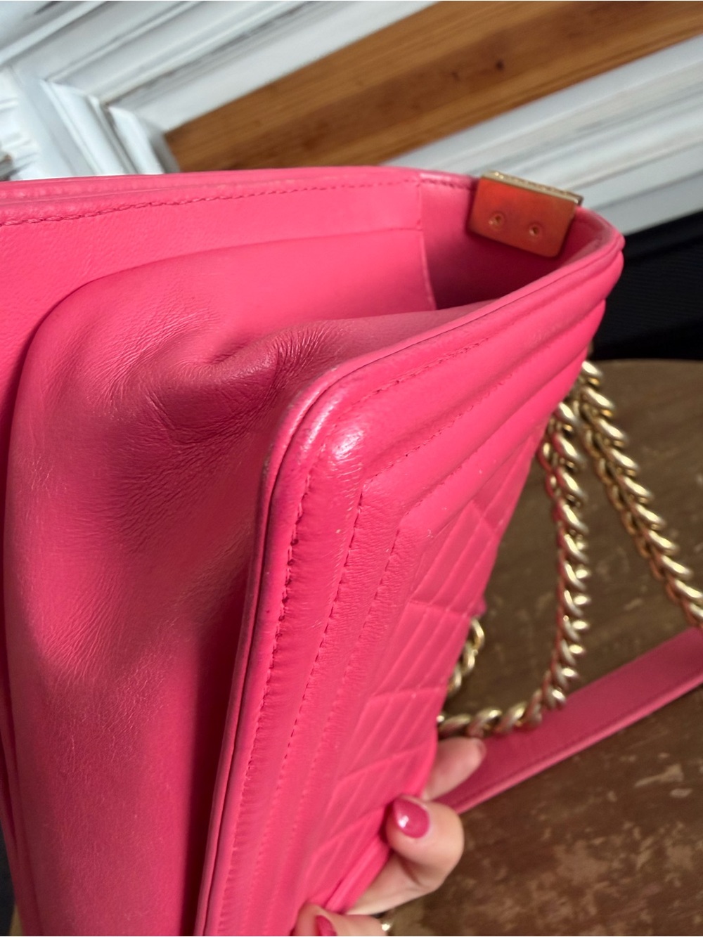 CHANEL Hot Pink Quilted Lambskin Small Boy bag Crossbody with Gold Hardware - Picture 12 of 16